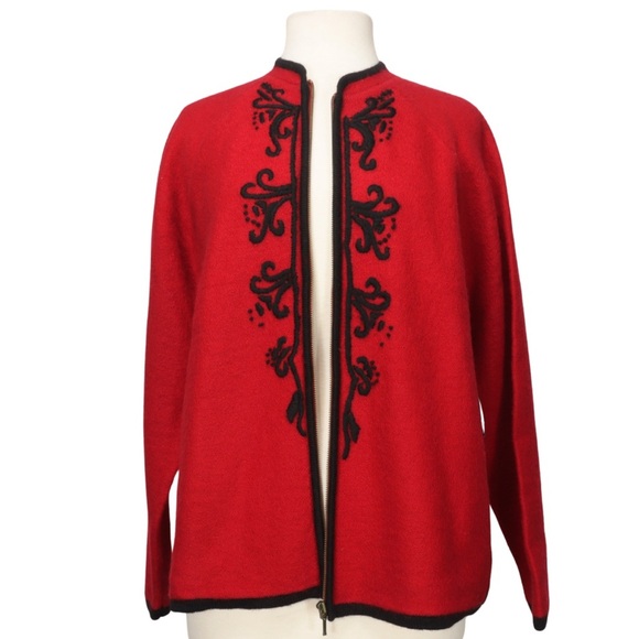 Karen Scott 100% Wool Full Zip Cardigan NWT Sweater Red Embroider Women 1X - Picture 3 of 13